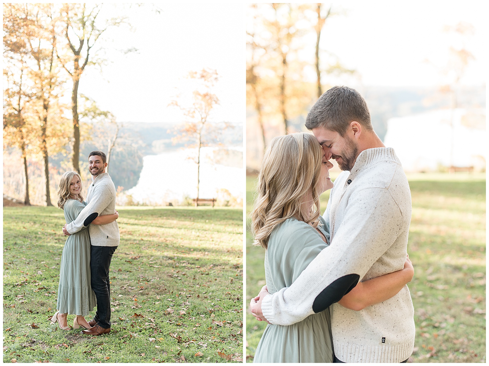 engaged couple hugging tightly with foreheads touching as they smile on sunny fall day in pennsylvania