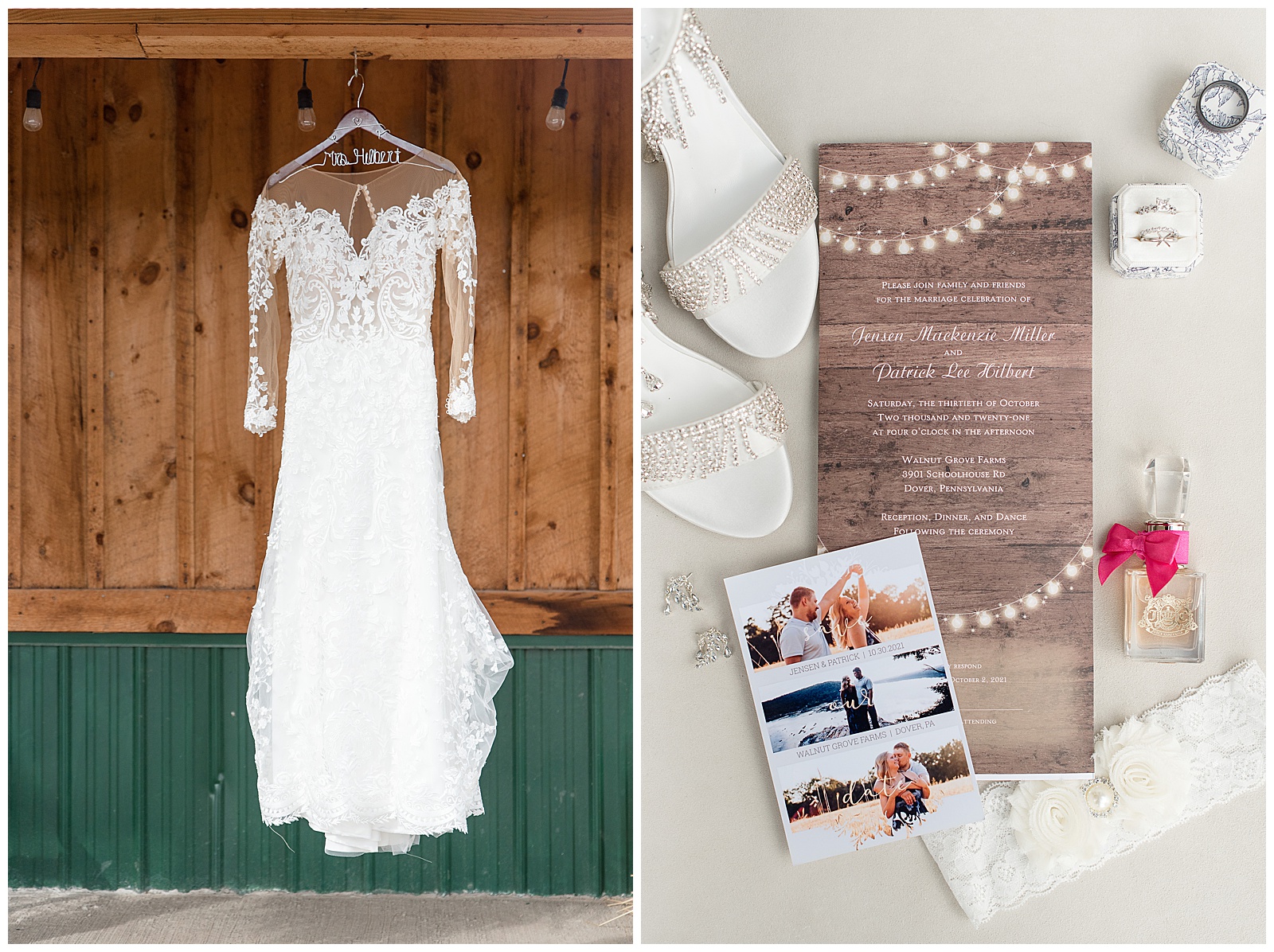 beautiful long-sleeved lacy white wedding gown hanging from wooden barn beam