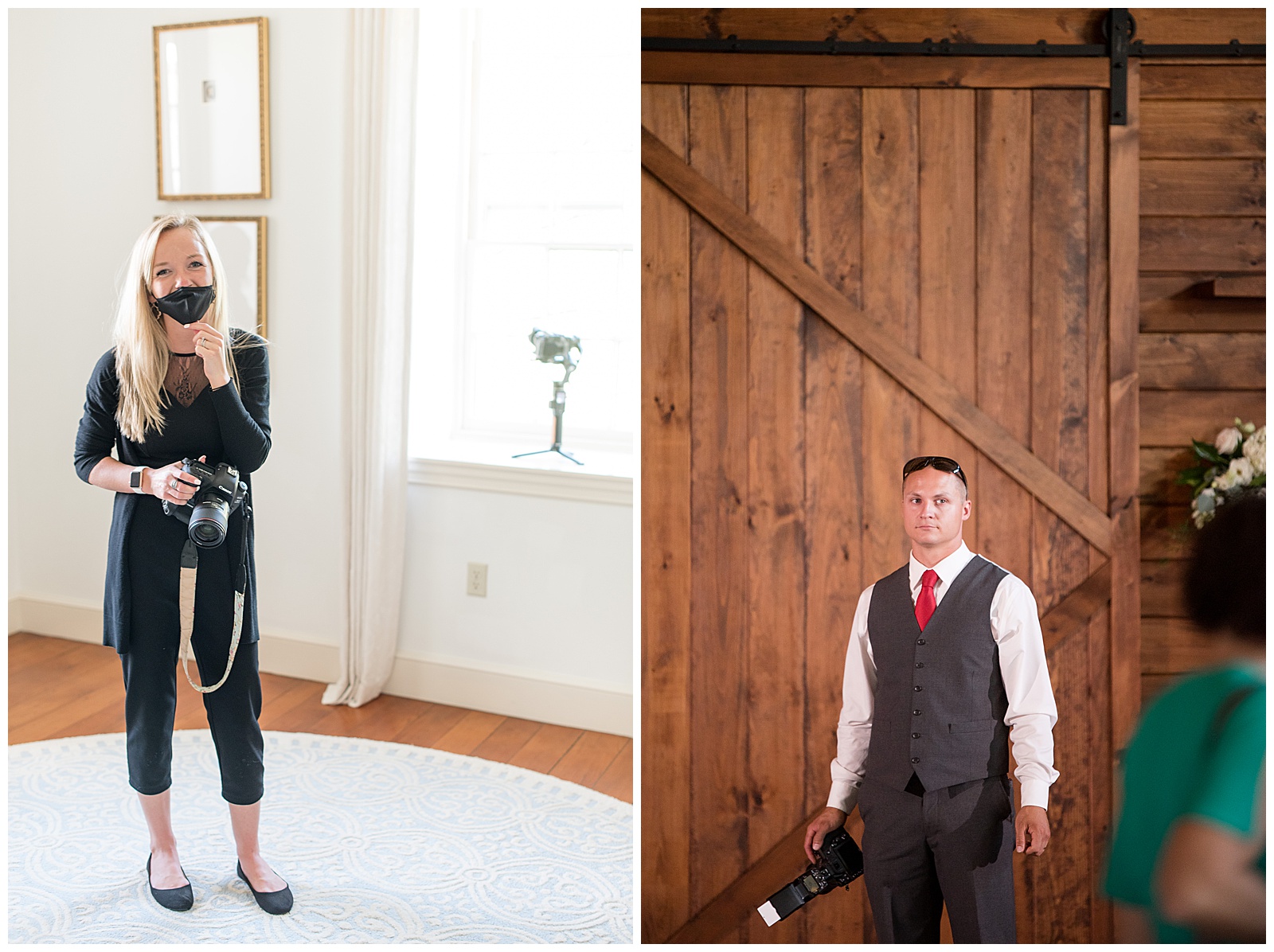 male photographer holding camera and posing for photo by large wooden barn door inside wedding ceremony venue