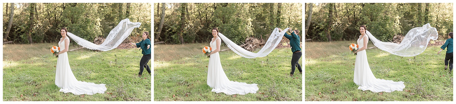 photographer fluffing very long bridal veil bride is wearing and raising it into the air for perfect photo moment
