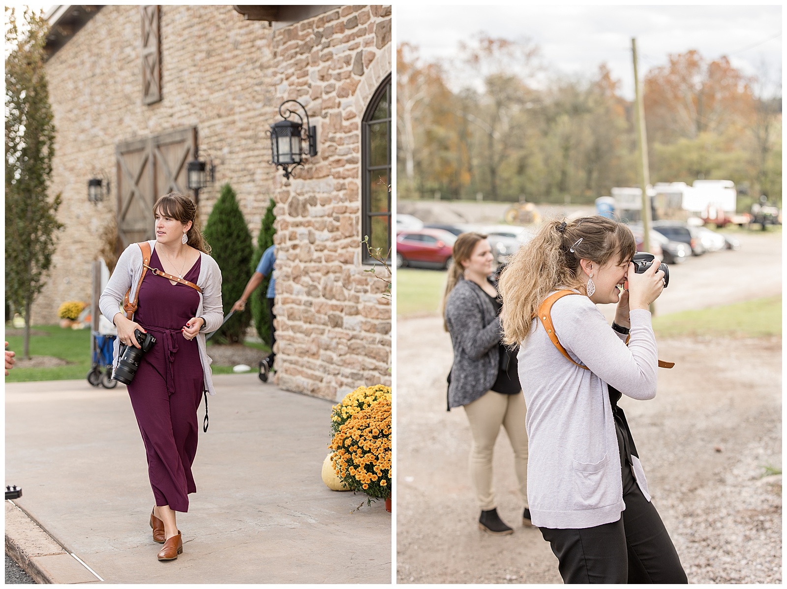 photographer candidly walking towards camera as she holds her camera over her right shoulder and looks right by stone building