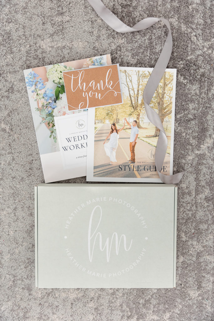 wedding welcome box displayed with workbooks and thank you card