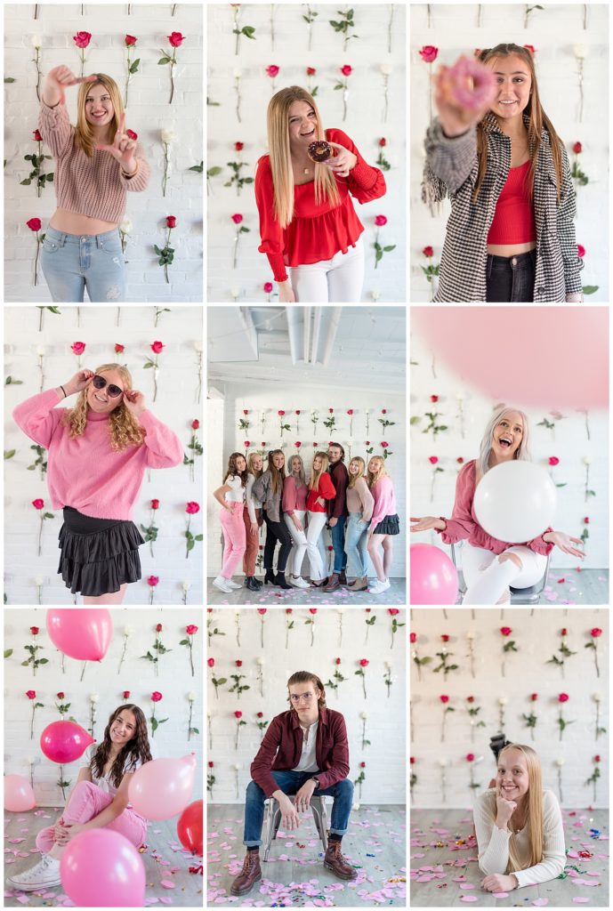 grid of nine senior photos all doing various poses with valentine's day colors and themes by rose-covered wall