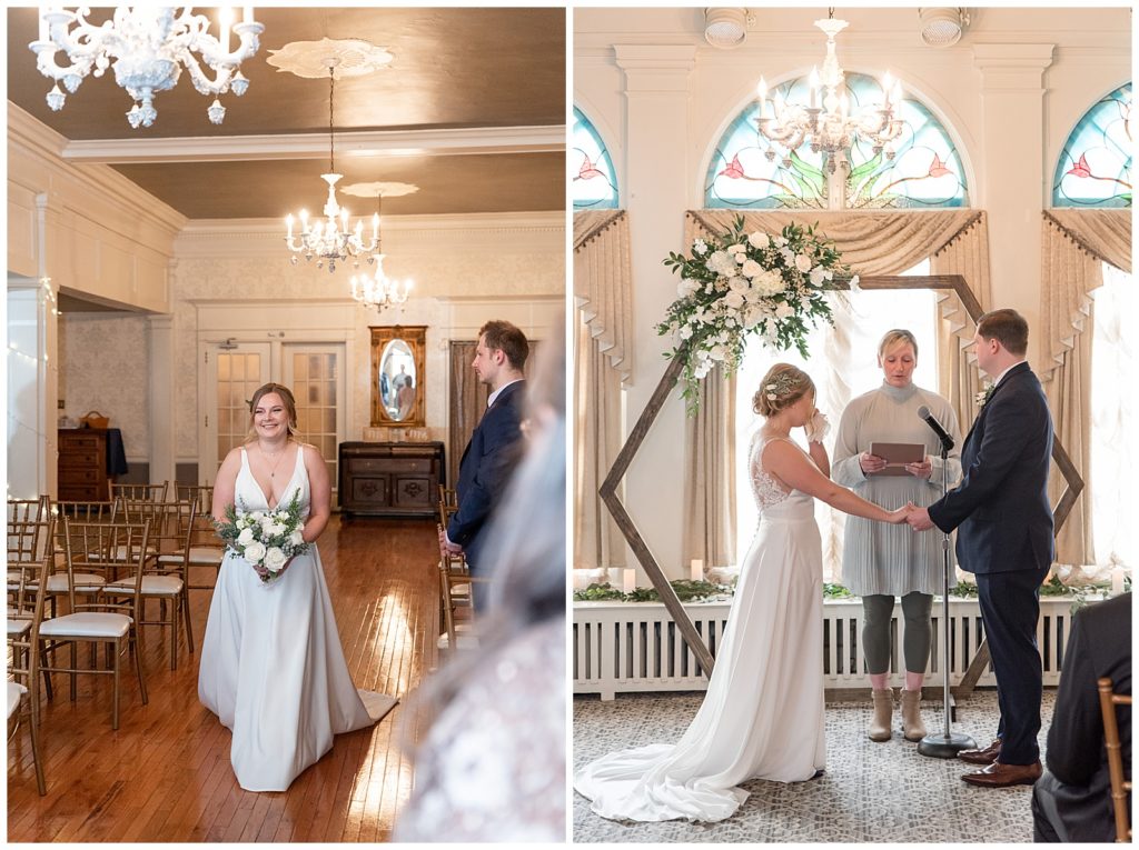 bride walking down the aisle during intimate wedding ceremony inside beautiful ballroom