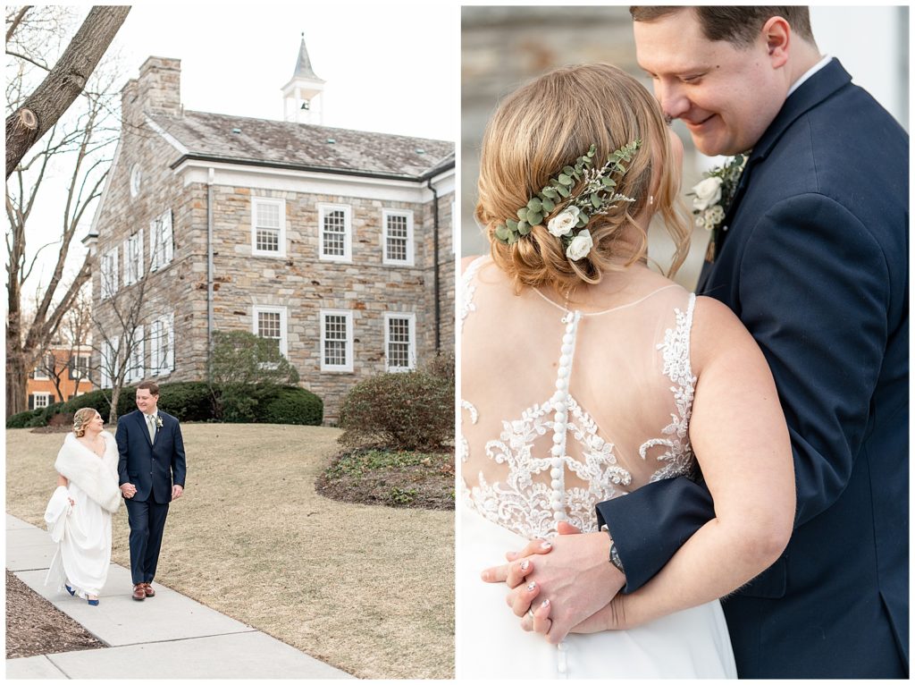 bride and groom walking along sidewalk by historic stone building on winter day
