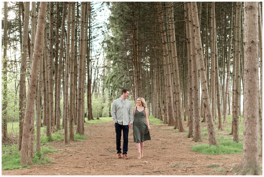 engaged couple holding hands and walking toward camera among evergreen trees at overlook park