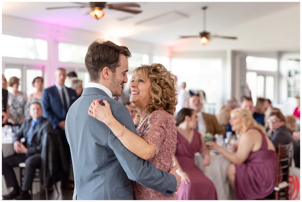 groom dancing with his mom during wedding reception at stock's manor