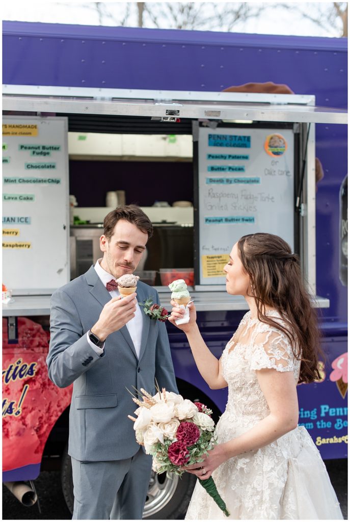 bride and groom enjoying ice cream cones from sarah's creamery during wedding reception at stock's manor