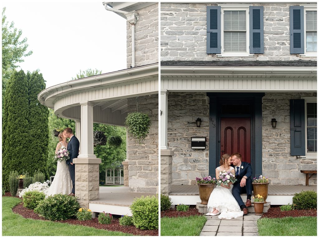 couple sitting on front steps of stone farmhouse and touching foreheads together at melhorn manor