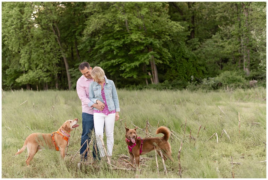 engaged couple standing close together in grass meadow with their two dogs surrounding them in lancaster county pennsylvania