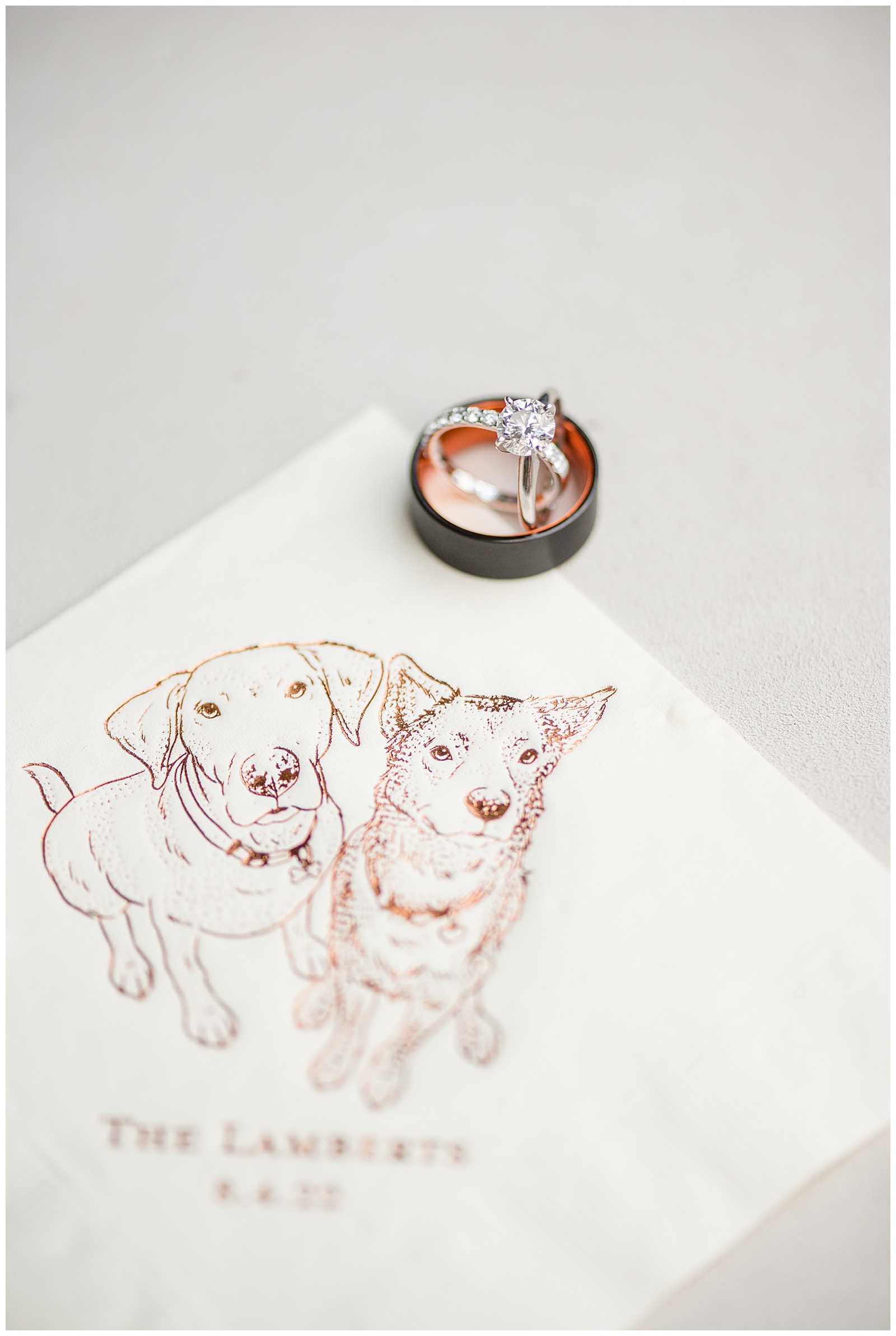 image of couple's two dogs printed onto napkin with wedding bands resting on it in leola pennsylvania