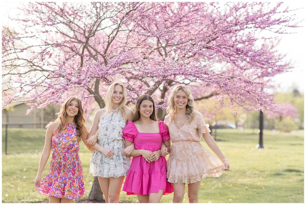 four senior girls wearing spring dresses in shades of pink by pink blooming tree at overlook park