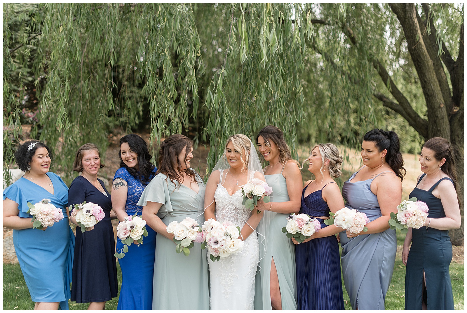 bride with her six bridesmaids all wearing different shades of blue dresses under willow tree at stoltzfus homestead in lancaster county