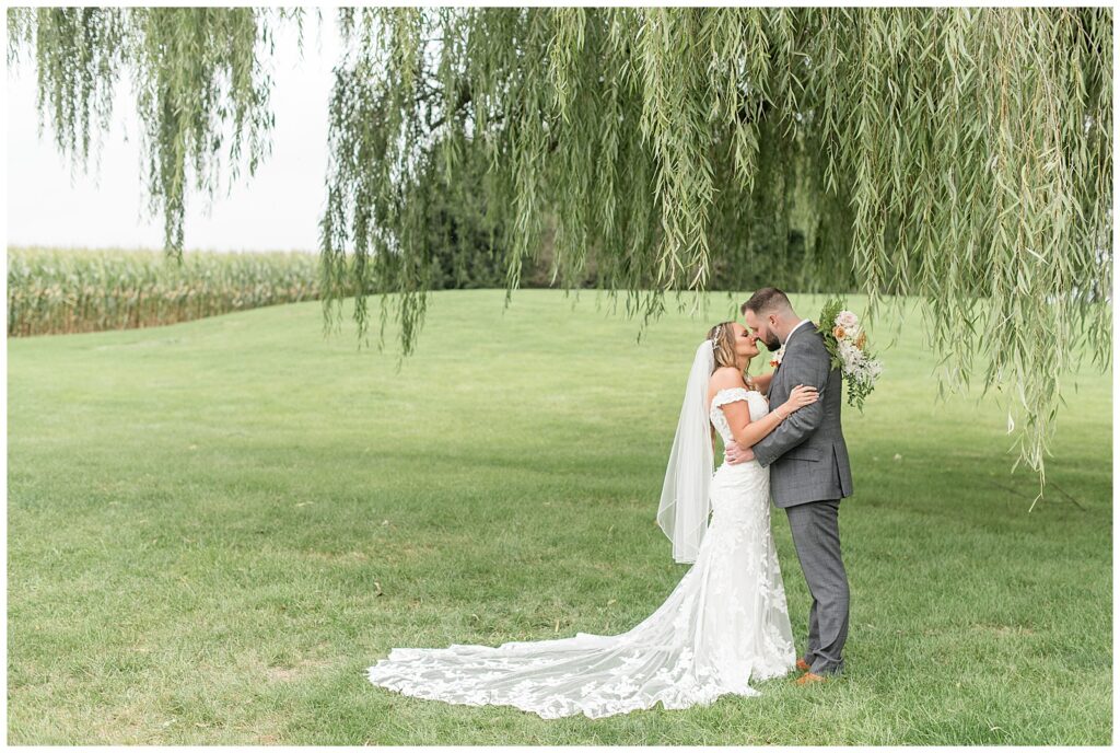 couple standing close with bride's dress train extended in the grass behind her as they stand under willow tree at lakefield weddings
