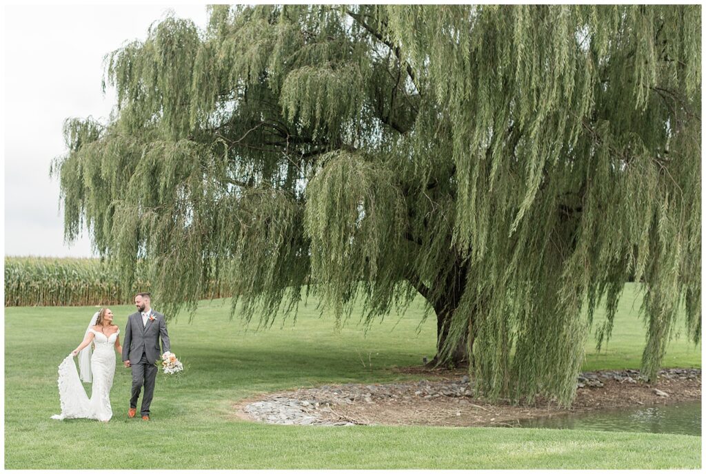 couple holding hands and walking towards the camera in the distance by willow tree at venue in lancaster county pennsylvania