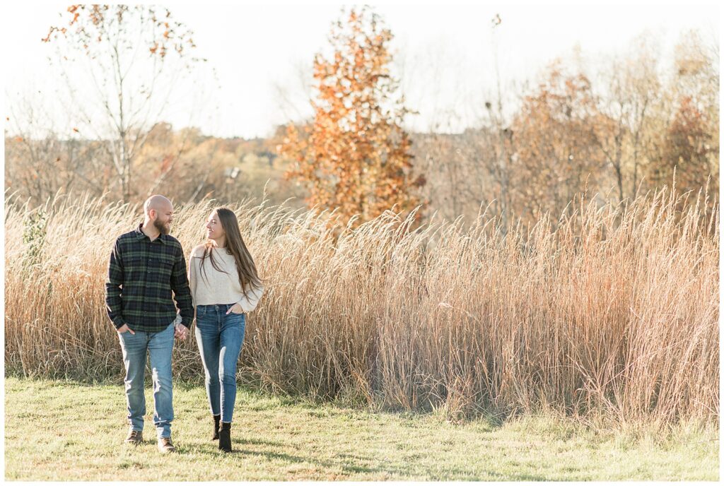 engaged couple holding hands and walking towards camera by tall brown wild grasses at overlook park