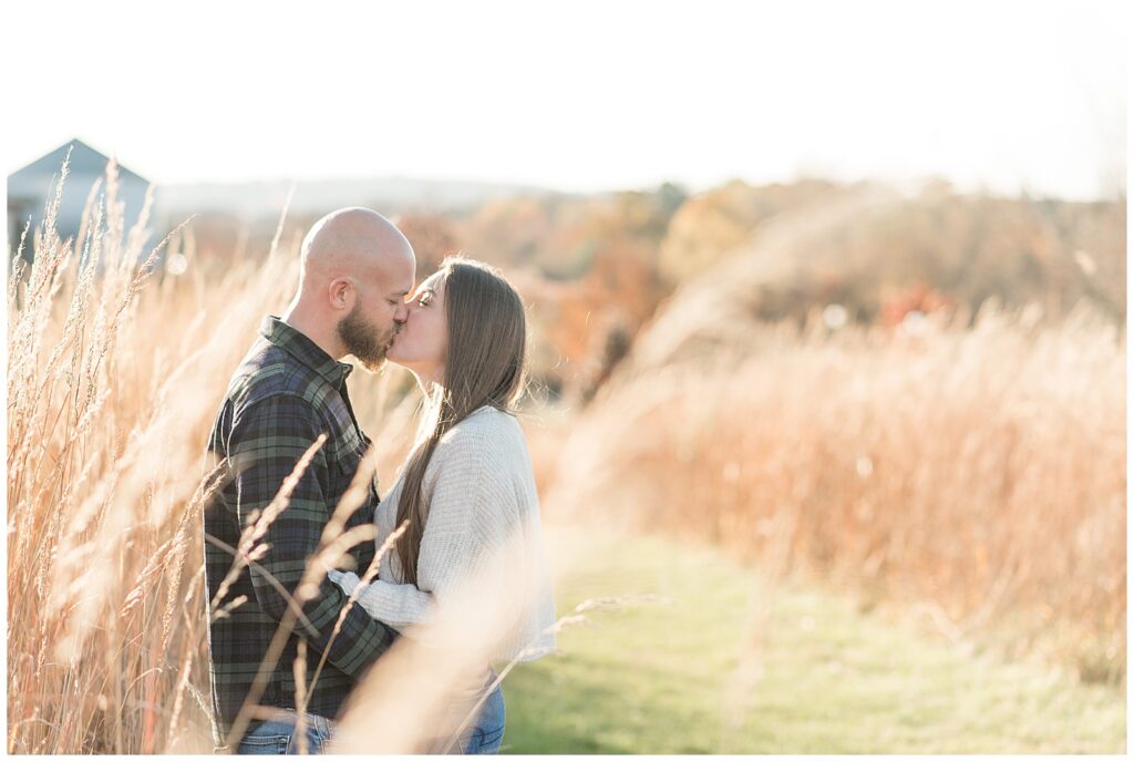 engaged couple kissing by tall dried wild grasses at overlook park in lancaster county