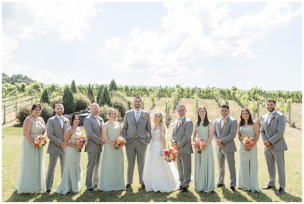 full wedding party standing together by vineyard on sunny summer day at folino estate winery