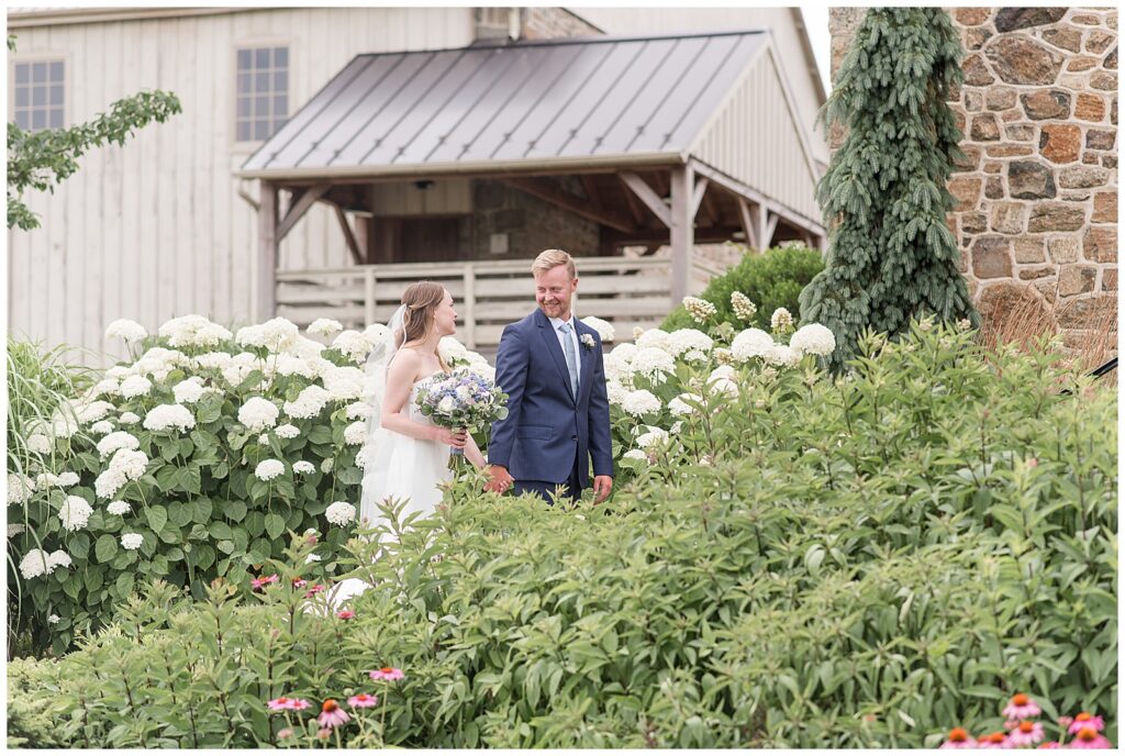 bride and groom walk hand in hand down path surrounded by hydrangeas