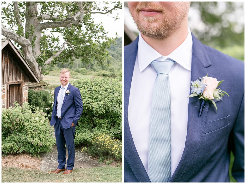 groom portraits in navy blue suit with light blue tie