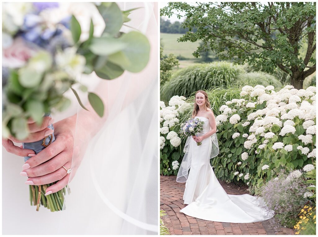 Bridal Portraits in front of white hydrangea bushes