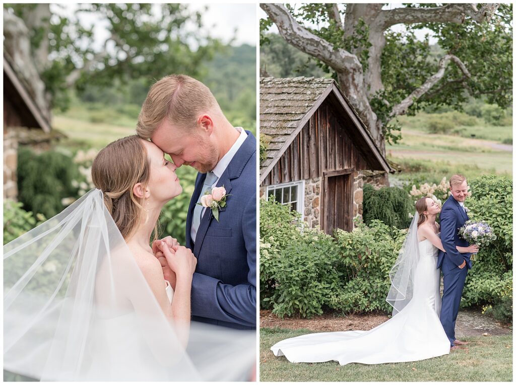 bride and groom portrait of them facing each other resting foreheads together and holding hands