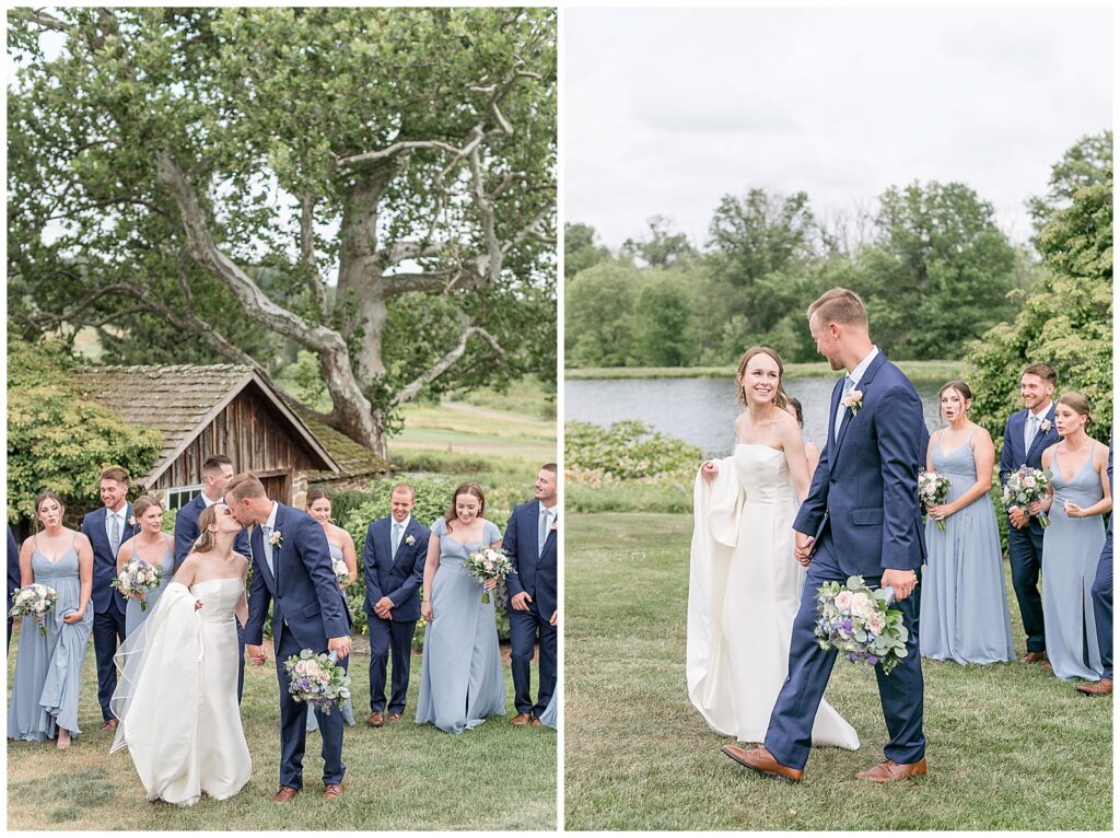 bridal party walking and talking towards camera