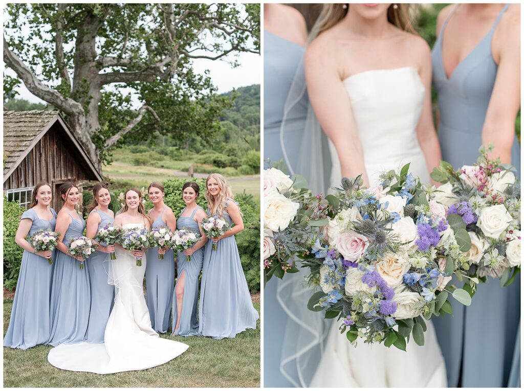 bridesmaids photo with girls all in light blue dresses holding bouquets with white and purple flowers