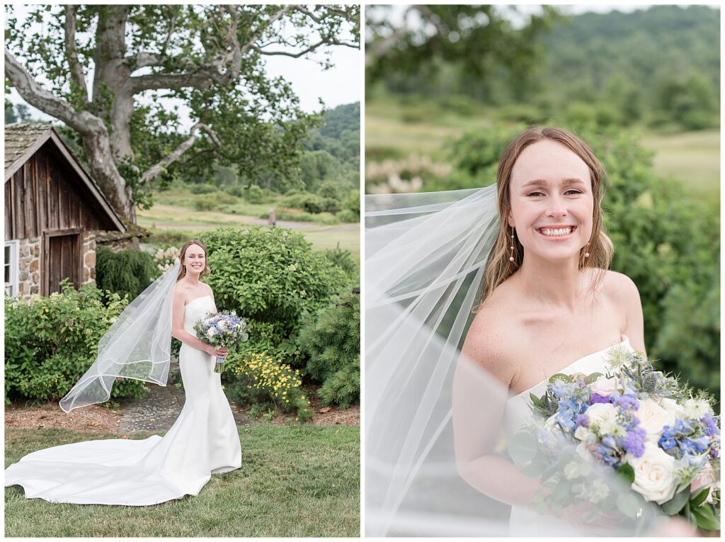 bridal portraits with veil swooping around bride while she smiles towards camera