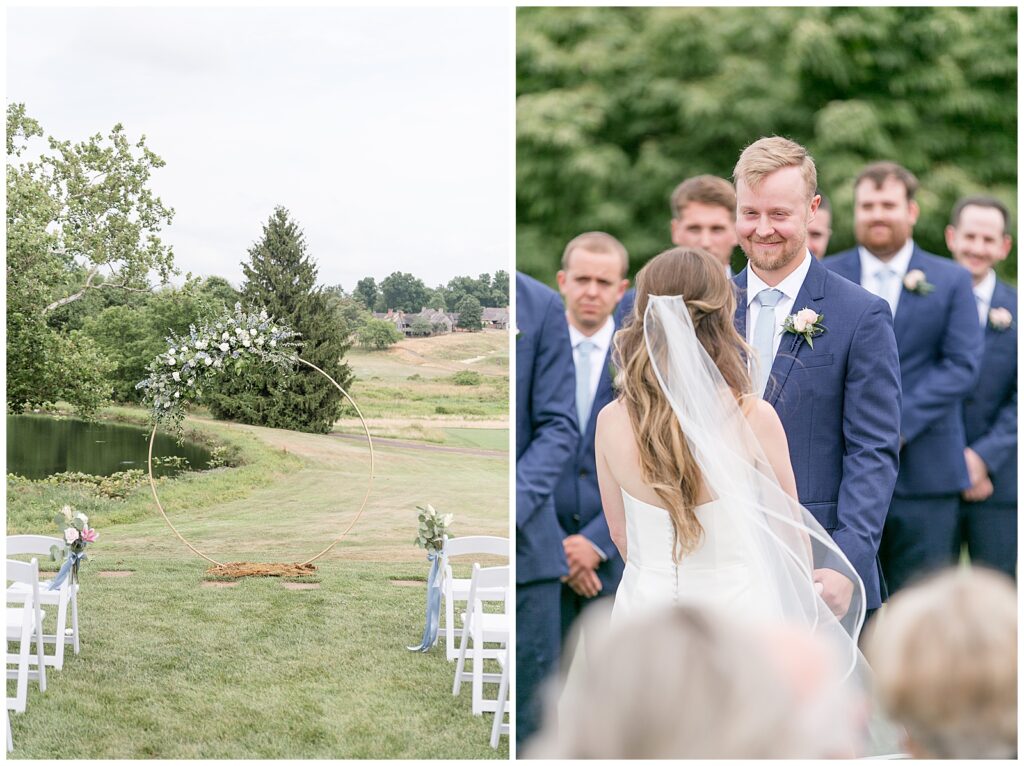 wedding ceremony overlooking golf course with gold hoop dressed in florals as the arbor