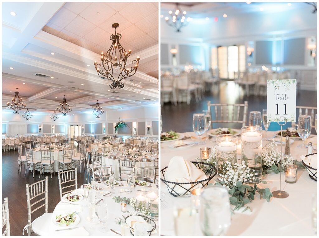 wedding reception details in white ballroom with white flowers and candles as centerpieces