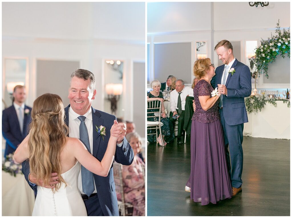 parent dances with mom in purple dress with groom and dad in navy suit with bride