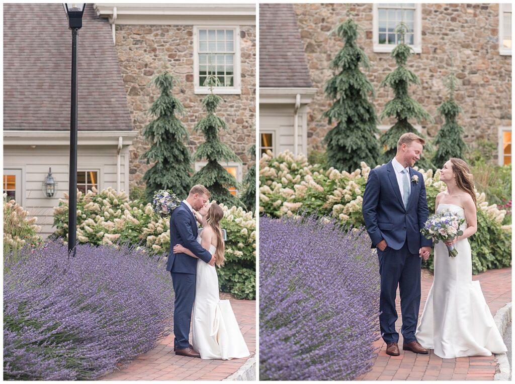 bride and groom sunset portraits on brick path beside lavender pushes