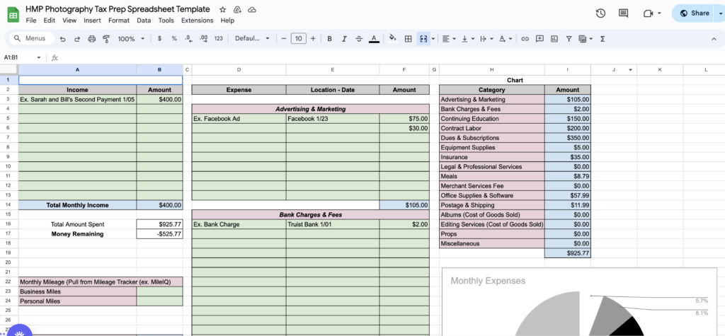 spreadsheet to organize your tax numbers as a photographer