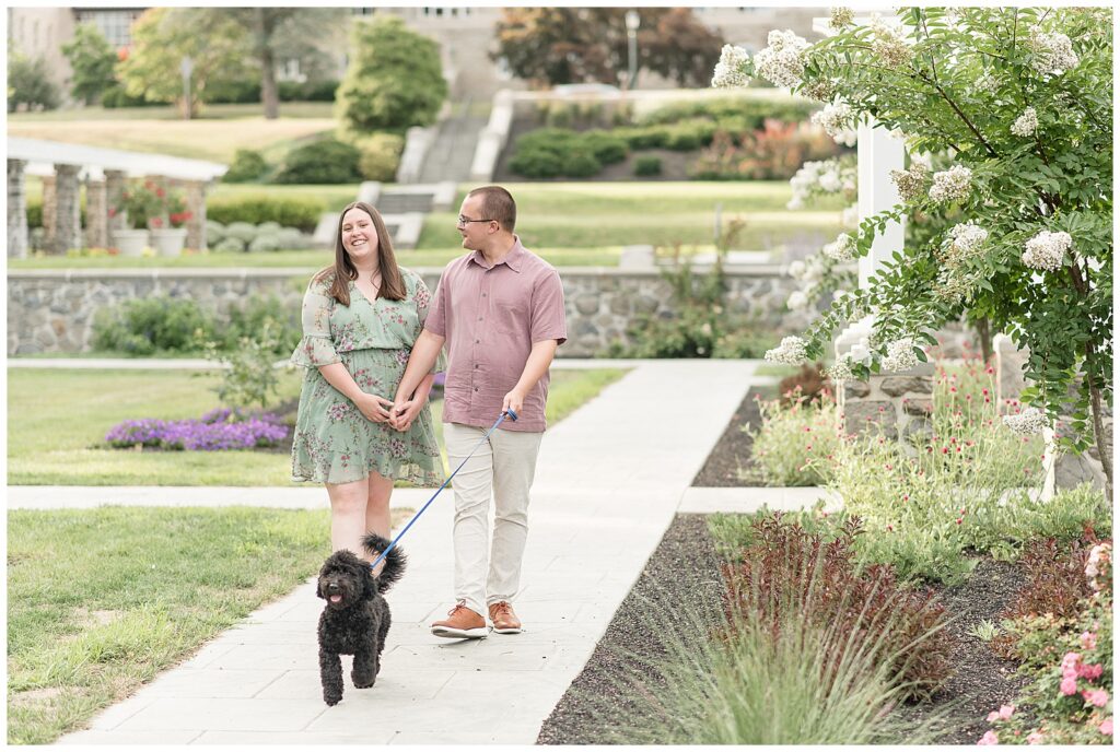 engaged couple walking their mini bernadoodle along sidewalk of beautifully landscaped property of masonic village