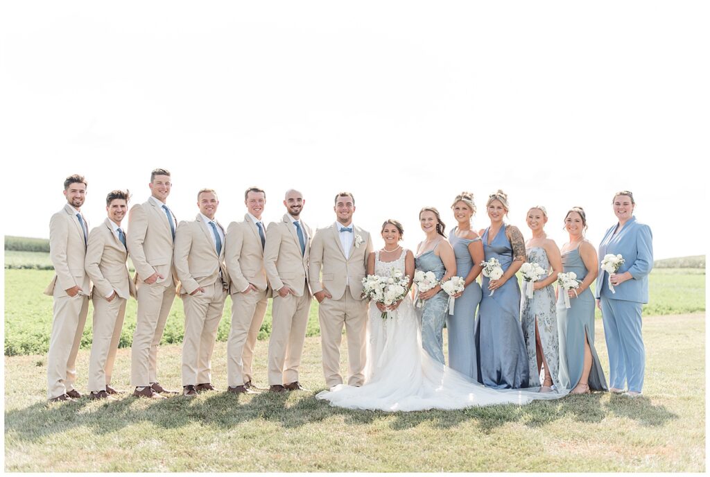 couple with their bridal party all standing in a row in lawn of family farm in pennsylvania