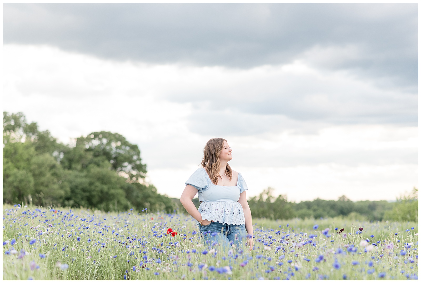 senior girl in baby blue shirt and blue jeans looking off in the distance for this wildflower field senior session