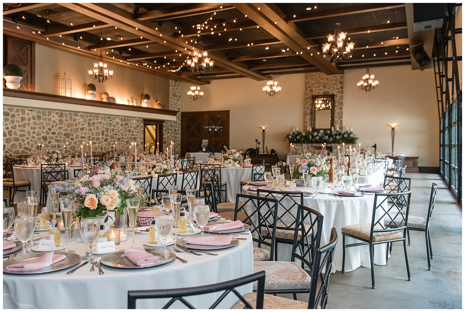 stunning reception room with tables beautifully decorated for this Inn at Leola Village Wedding