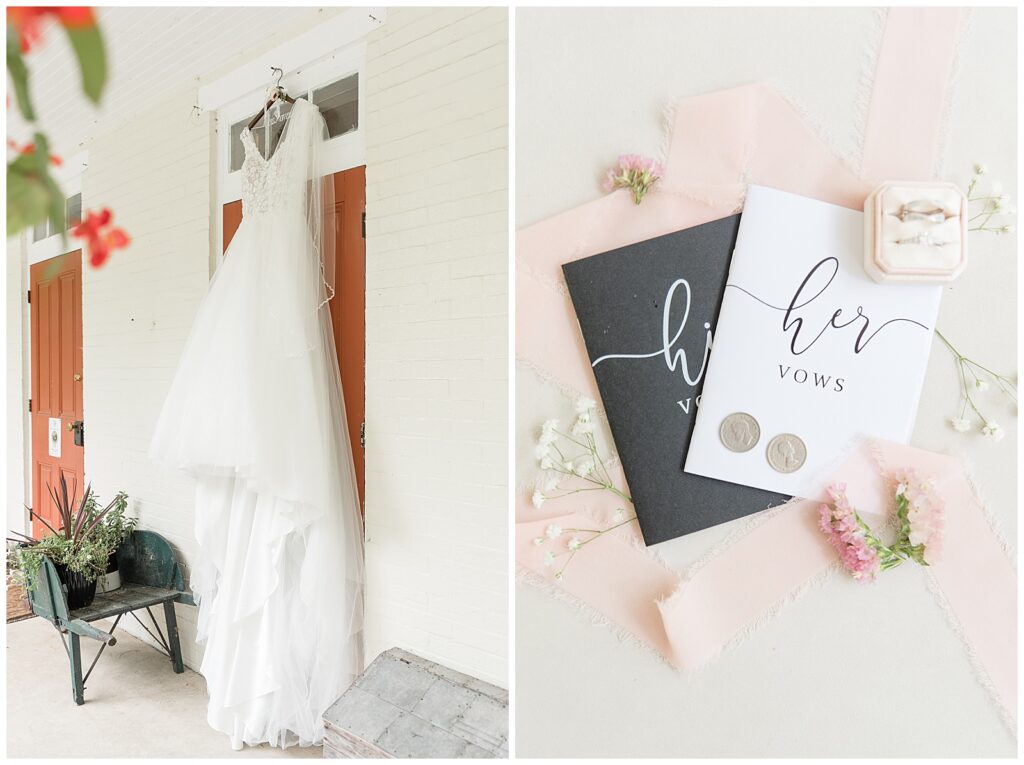 Bridal details of wedding dress handing from door and vow books over pink ribbon