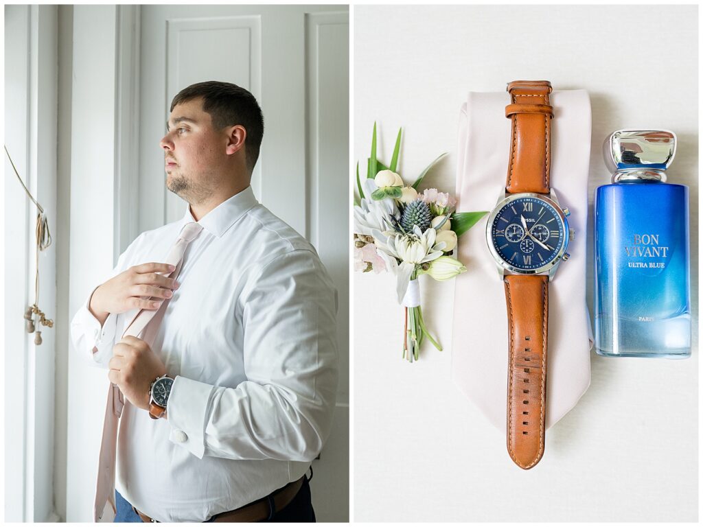 groom detail shot of his light pink tie, watch, blue cologne bottle, and boutonniere