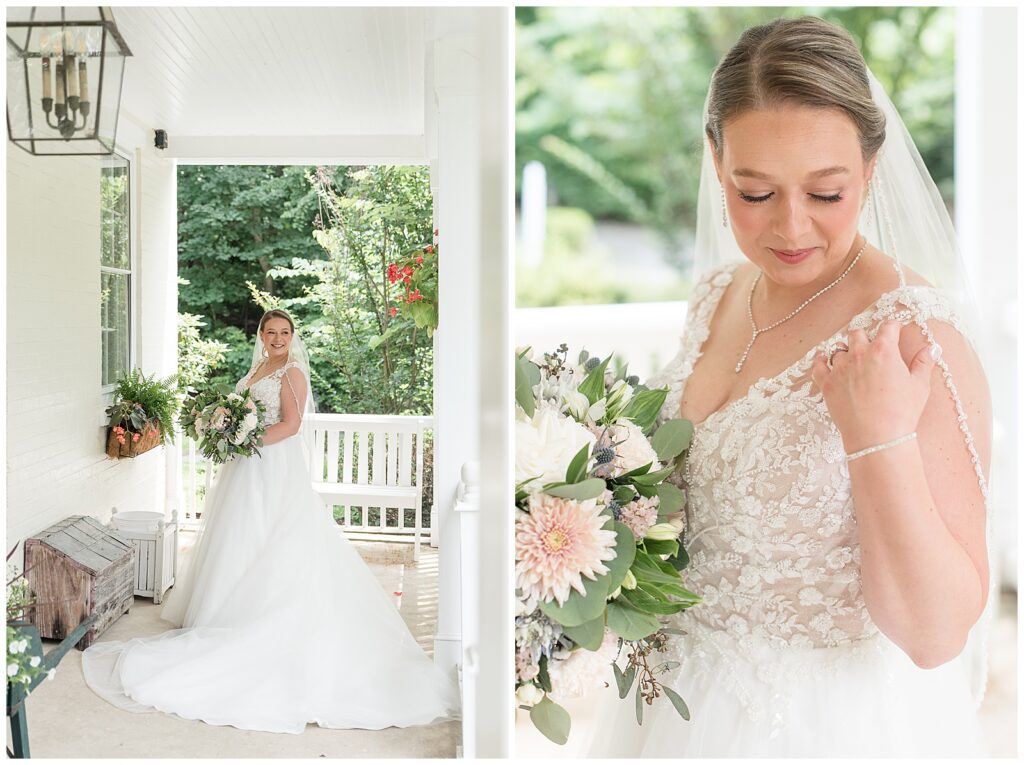Bridal portraits for summer riverdale manor wedding on the porch of the farmhouse
