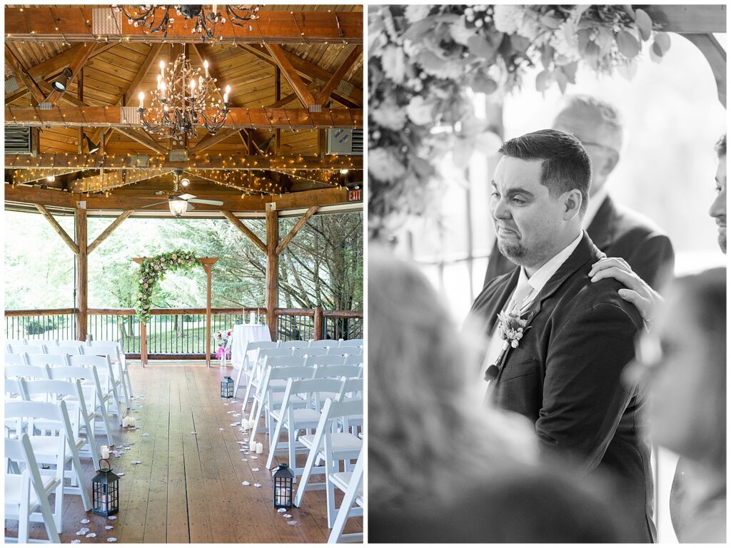 shot of wedding ceremony set up and reaction of groom crying as bride walks down the aisle
