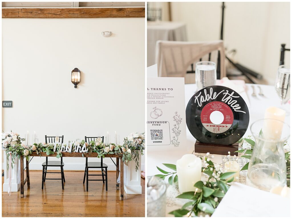 wedding reception details of music record and candles as centerpieces
