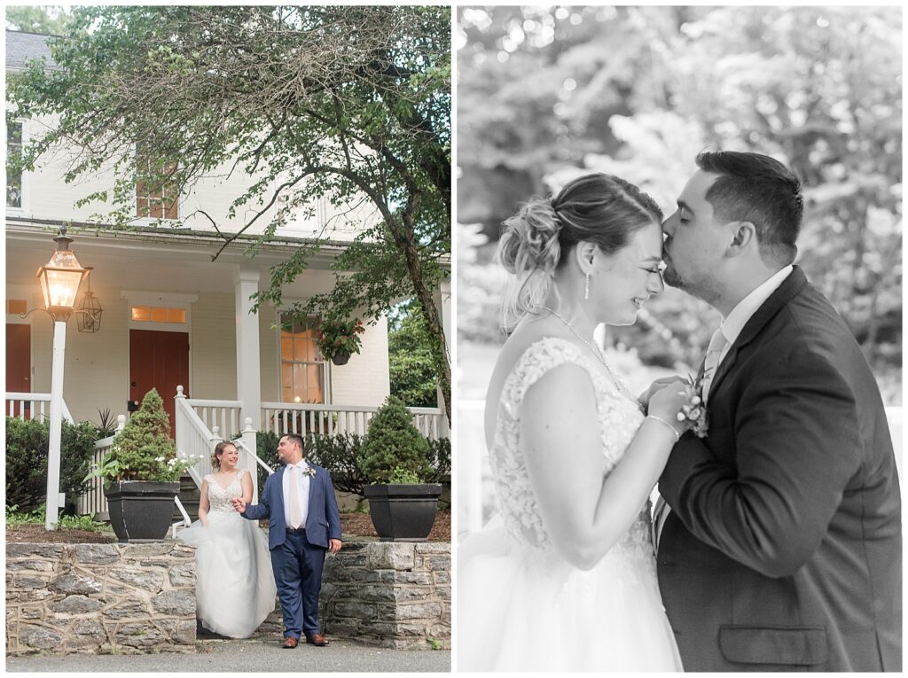 sunset photos of bride and groom in front of Riverdale Manor Farmhouse