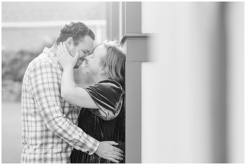 black and white photo of couple almost kissing for this Downtown New Hope Engagement Session