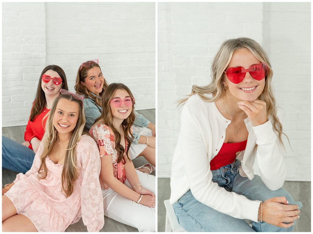 four senior girls sitting close together on the floor and also a close up photo of senior girl with red heart sunglasses on for this Valentines Day BFF Shoot
