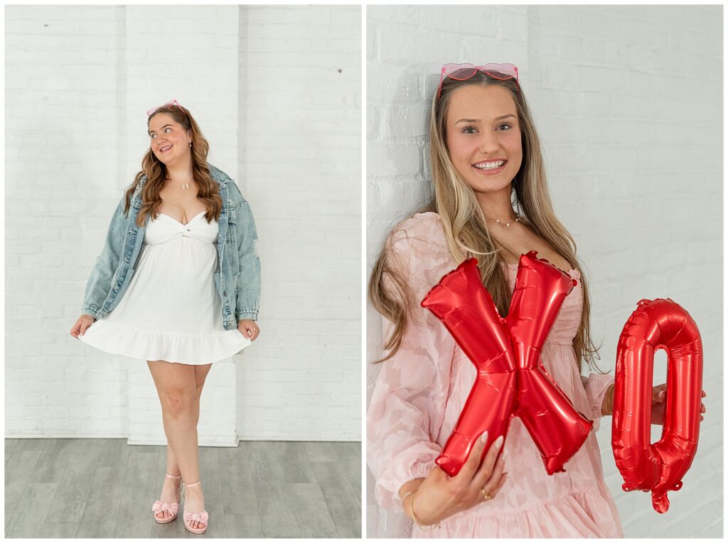 senior girl in white dress and jean jacket posing and also senior girl holding balloons for this Valentines Day BFF Shoot