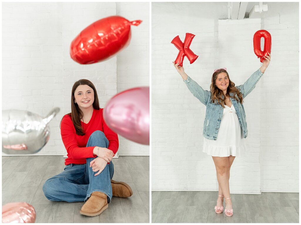 senior girl posing on floor with balloons all around her and also senior girl holding two balloons extended into the air for this Valentines Day BFF Shoot