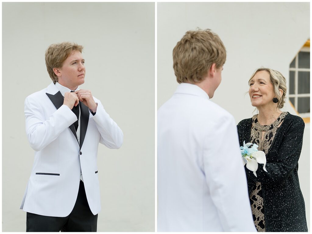 groom in black and white tux with his mom before this Wedding at The Rotunda at Lauxmont Farms