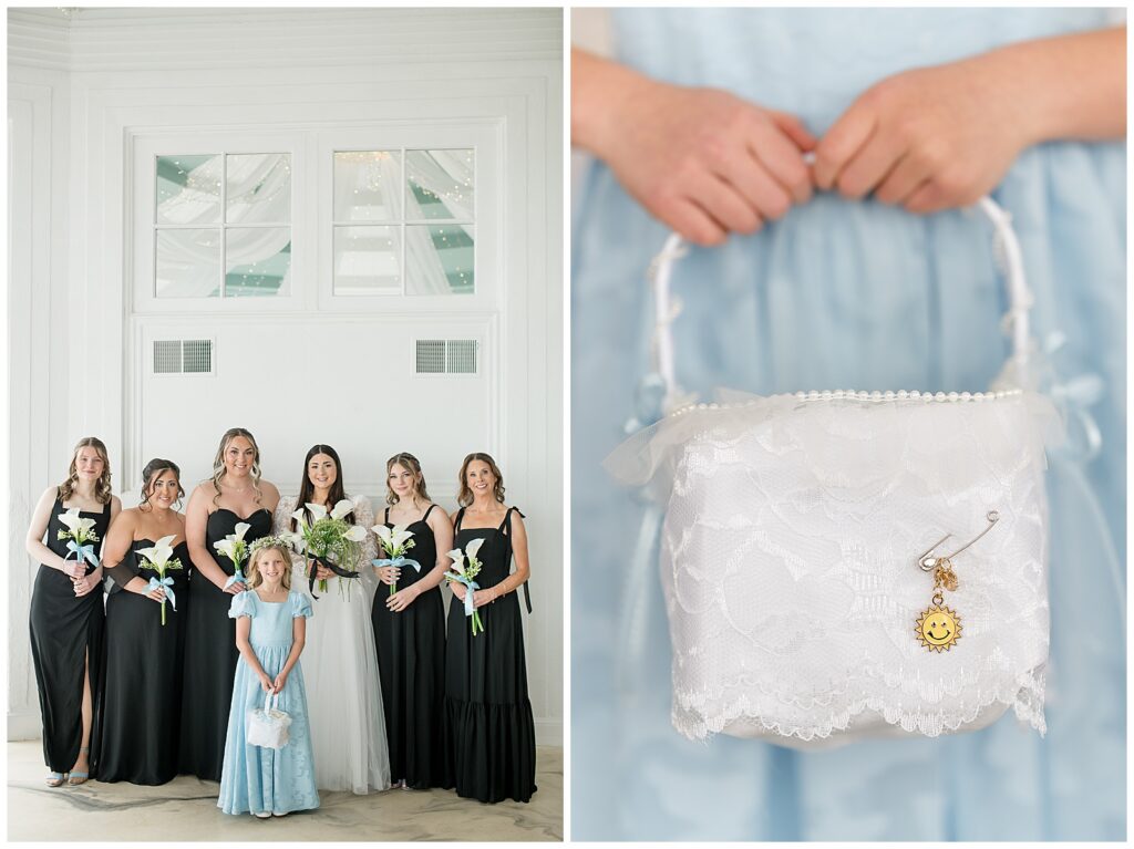 bride with her five bridesmaids and her flower girl clutching her tiny white purse for this Wedding at The Rotunda at Lauxmont Farms